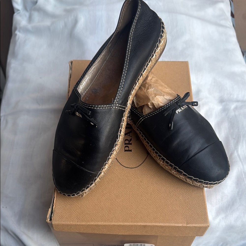 Prada Black Leather Espadrilles with Braided Jute Sole